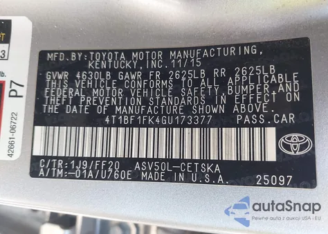 2016 Toyota Camry Se z USA, uszkodzony, nr VIN 4T1BF1FK4GU173377